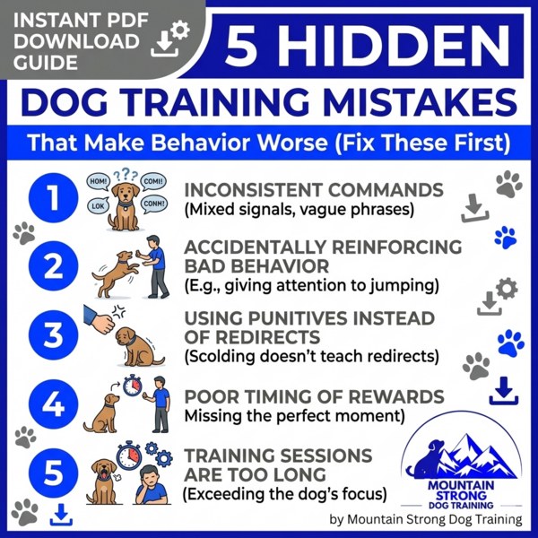 5 Hidden Dog Training Mistakes guide cover listing inconsistent commands, accidentally reinforcing bad behavior, using punishment instead of redirects, poor reward timing, and overly long sessions