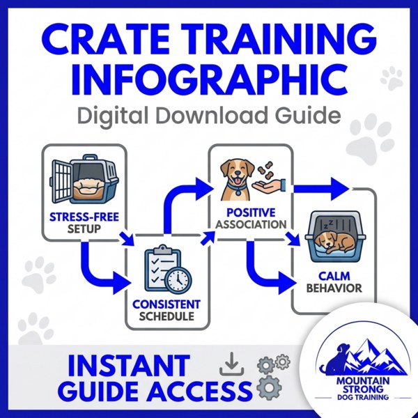 Crate Training Infographic cover showing the path from stress-free setup and consistent schedule to positive association and calm behavior