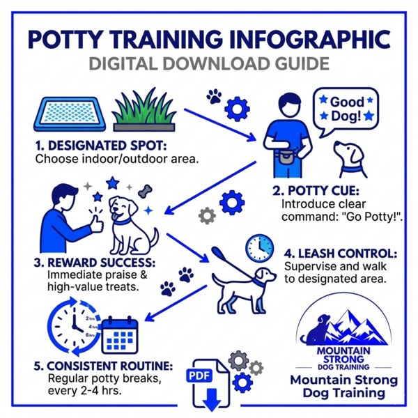 Potty Training Infographic cover showing five steps: designated spot, potty cue, reward success, leash control, and consistent routine